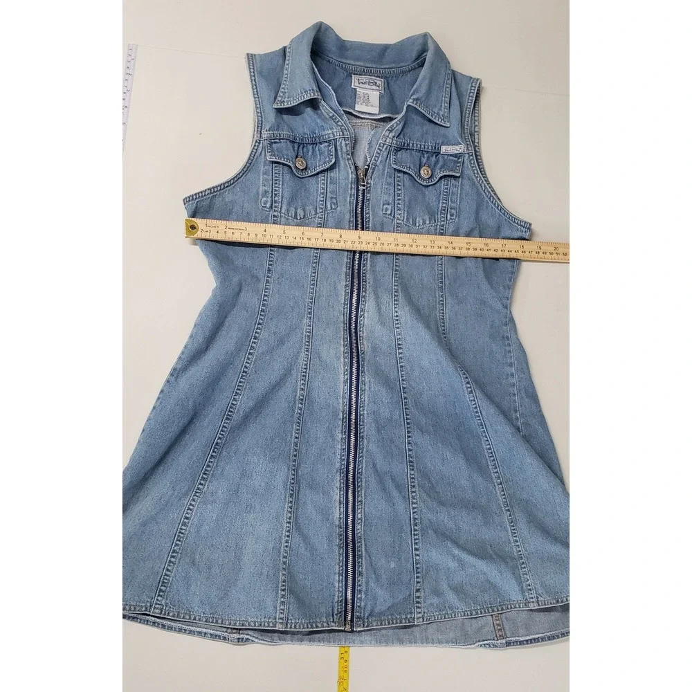 True Blue Denim Mini Dress Women 13/14 Blue Vintage 90s Zip Front Vest Grunge - Picture 3 of 5